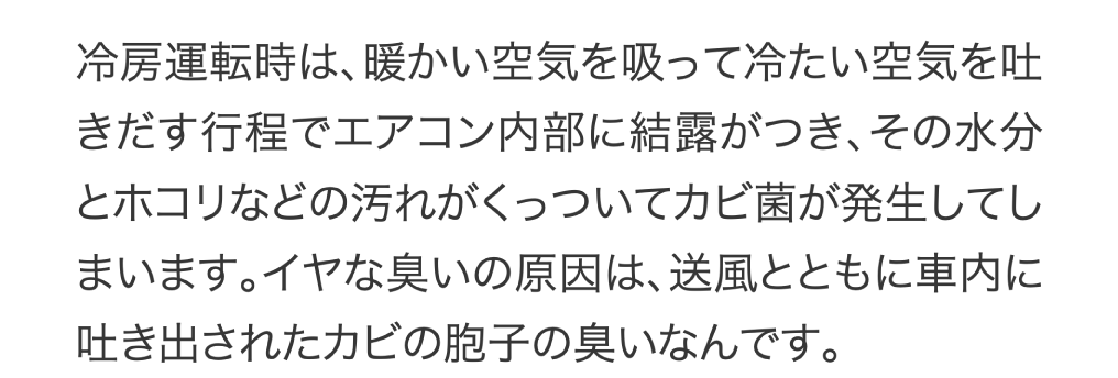 冷房運転時は、暖かい空気を吸って冷たい空気を吐きだす行程でエアコン内部に結露がつき、その水分とホコリなどの汚れがくっついてカビ菌が発生してしまいます。イヤな臭いの原因は、送風とともに車内に吐き出されたカビの胞子の臭いなんです。