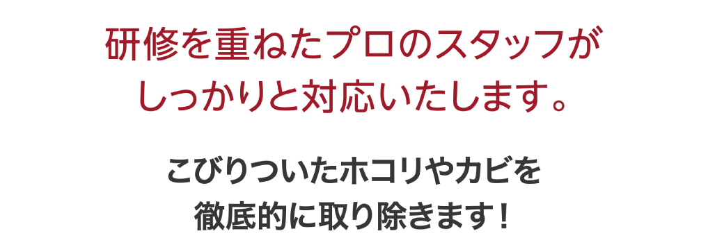 研修を重ねたプロのスタッフがしっかりと対応いたします。こびりついたホコリやカビを徹底的に取り除きます！